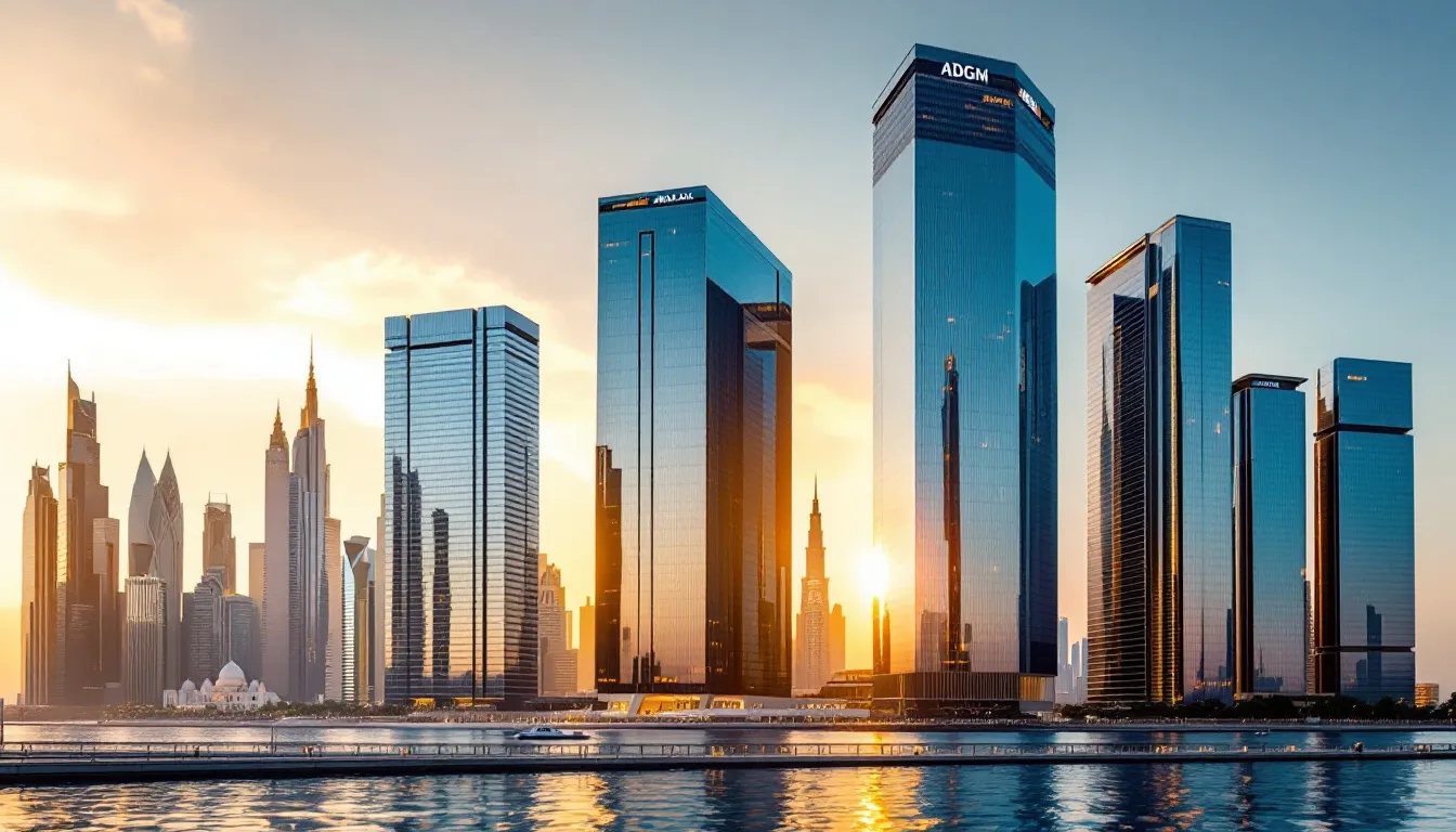 The image showcases the modern glass towers of the Abu Dhabi Global Market (ADGM) financial district, set against the iconic Abu Dhabi skyline. This vibrant community features sleek private offices and well-connected conference rooms, providing a collaborative environment for established companies and entrepreneurs alike. 'width=100%'