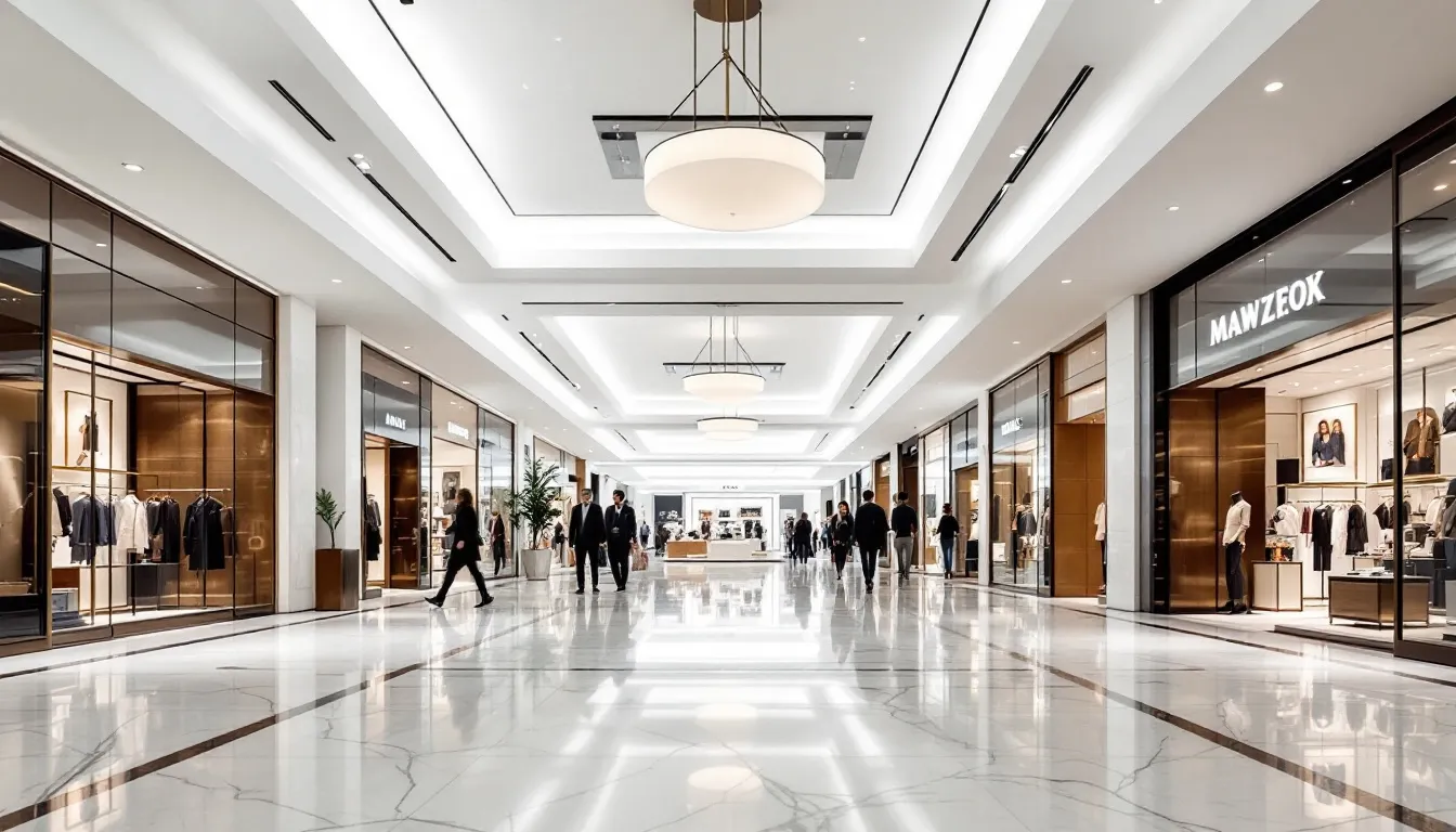 The image depicts a luxury shopping mall interior featuring high-end retail shops and modern architecture, with sleek design elements and light-filled lounges. The vibrant community atmosphere is enhanced by the direct access to the Abu Dhabi Global Market, providing a unique blend of shopping and business opportunities.