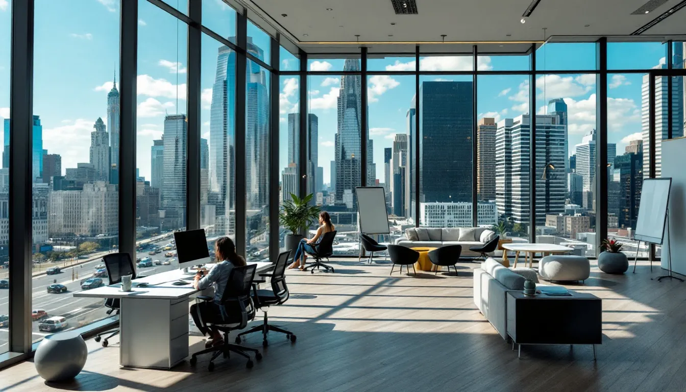 The image depicts a modern coworking space featuring expansive glass walls that provide stunning city views, an open layout filled with light, and various flexible workspace solutions such as sleek private offices and dedicated desks. This vibrant community, located in Abu Dhabi's international financial centre, encourages collaboration and creativity among entrepreneurs and established companies alike.